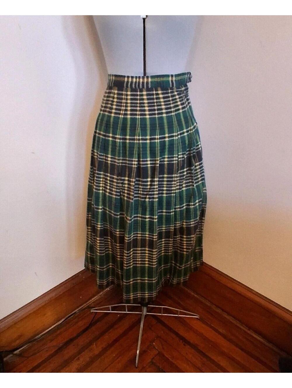Vintage 50s Pleated Plaid Skirt, Green And Yellow Rockabilly Retro Skirt Size Sm